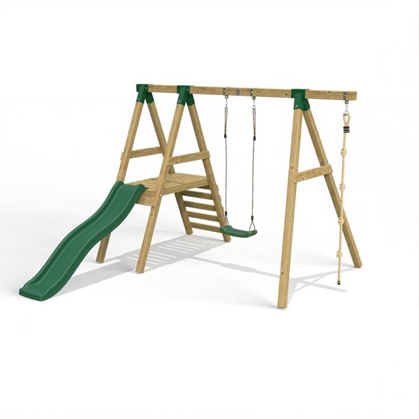 Little Rascals Wooden Single Swing Set with Slide, Swing Seat & Climbing Rope