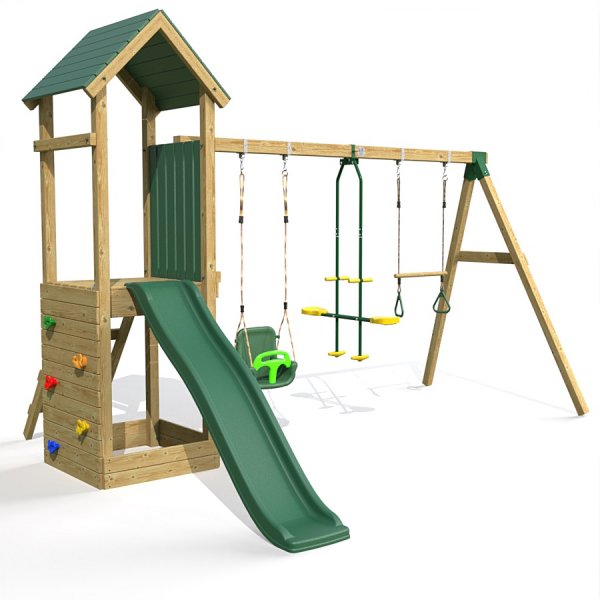 Little Rascals Wooden Climbing Frame & Triple Swing Set with 3 in 1 Baby Seat, Glider & Trapeze Bar.