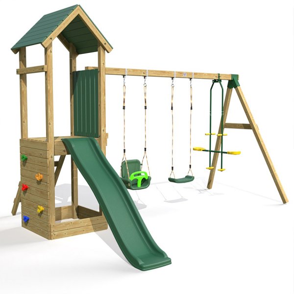 Little Rascals Wooden Climbing Frame & Triple Swing Set with 3 in 1 Baby Seat, Swing Seat & Glider.