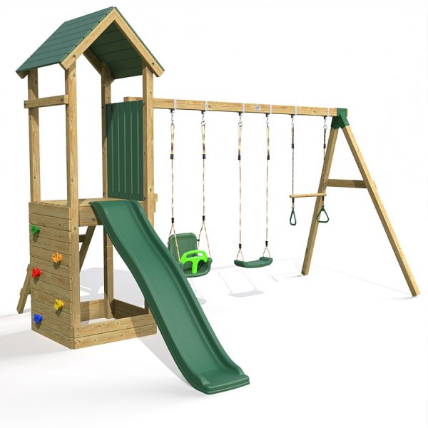 Little Rascals Wooden Climbing Frame & Triple Swing Set with 3 in 1 Baby Seat, Swing Seat & Trapeze Bar.