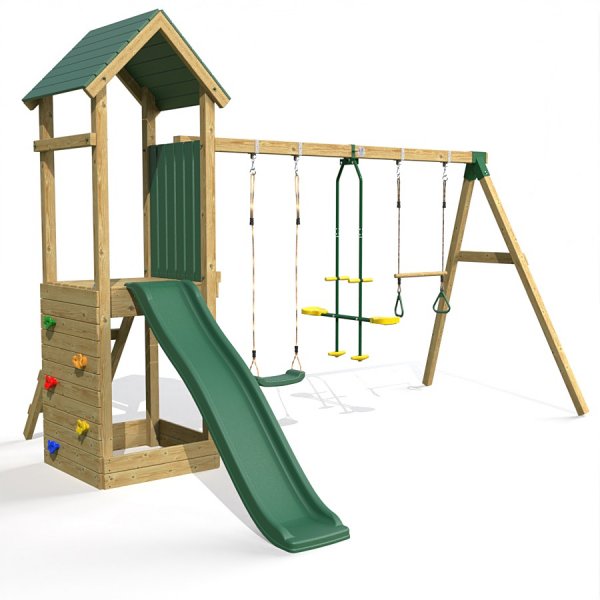 Little Rascals Wooden Climbing Frame & Triple Swing Set with Swing Seat, Glider & Trapeze Bar.