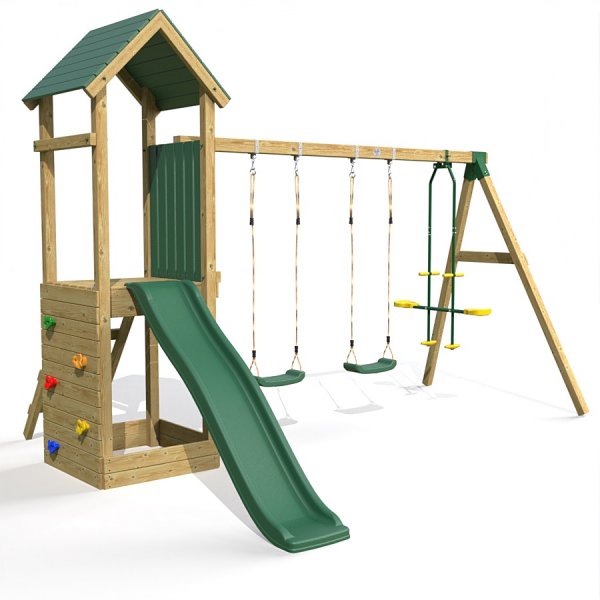 Little Rascals Wooden Climbing Frame & Triple Swing Set with 2 Swing Seats & Glider.