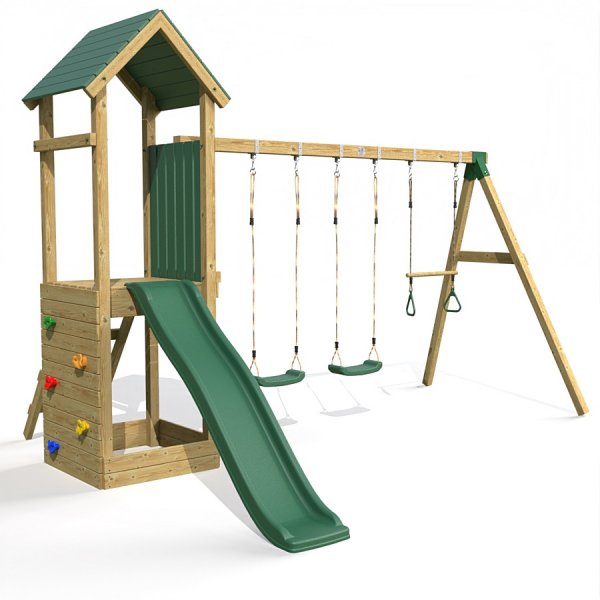 Little Rascals Wooden Climbing Frame & Triple Swing Set with 2 Swing Sets & Trapeze Bar.