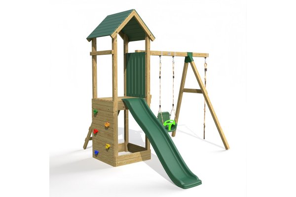 Little Rascals Wooden Climbing Frame & Double Swing Set with 3 in 1 Baby Seat & Climbing Rope.