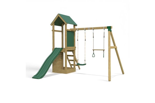 Little Rascals Wooden Climbing Frame &  Double Swing Set with Swing Seat & Trapeze Bar.