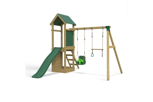 Little Rascals Wooden Climbing Frame & Double Swing Set with 3 in 1 Baby Seat & Trapeze Bar.