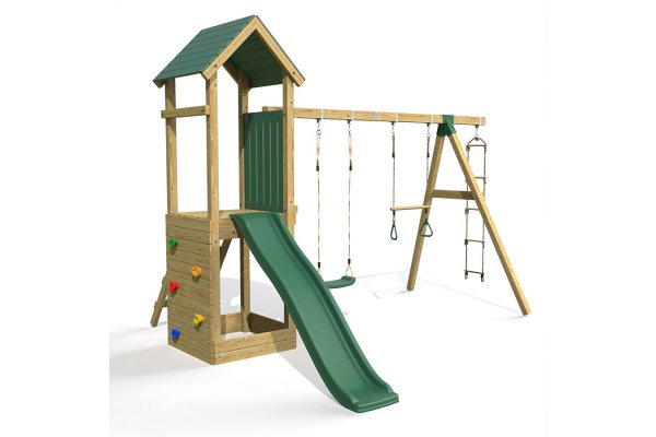 Little Rascals Wooden Climbing Frame & Triple Swing Set with Swing Seat, Trapeze Bar & Rope Ladder.