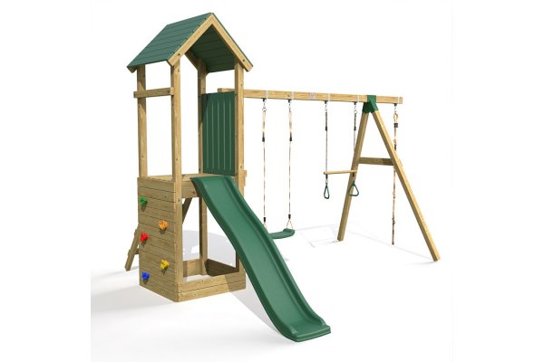 Little Rascals Wooden Climbing Frame & Triple Swing Set with Swing Seat, Trapeze Bar & Climbing Rope.