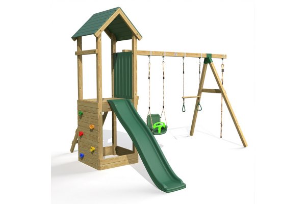 Little Rascals Wooden Climbing Frame & Double Swing Set with 3 in 1 Baby Seat, Trapeze Bar & Climbing Rope.