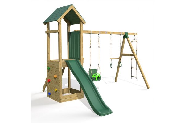 Little Rascals Wooden Climbing Frame & Triple Swing Set with 3 in 1 Baby Seat, Trapeze Bar & Rope Ladder.