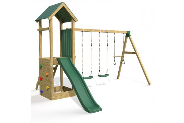 Little Rascals Wooden Climbing Frame & Triple Swing Set with 2 Swing Sets & Trapeze Bar.