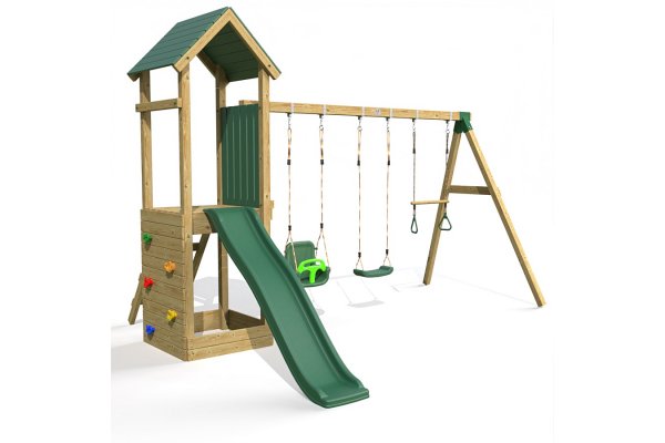 Little Rascals Wooden Climbing Frame & Triple Swing Set with 3 in 1 Baby Seat, Swing Seat & Trapeze Bar.