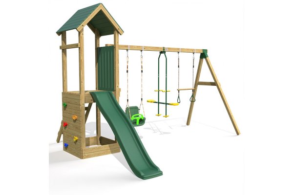 Little Rascals Wooden Climbing Frame & Triple Swing Set with 3 in 1 Baby Seat, Glider & Trapeze Bar.