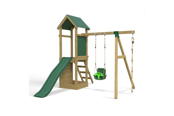 Little Rascals Wooden Climbing Frame & Double Swing Set with 3 in 1 Baby Seat & Climbing Rope.