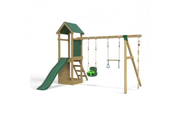 Little Rascals Wooden Climbing Frame & Double Swing Set with 3 in 1 Baby Seat, Trapeze Bar & Climbing Rope.