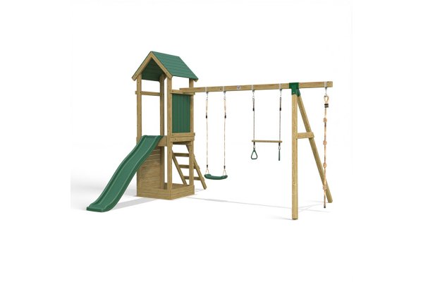 Little Rascals Wooden Climbing Frame & Triple Swing Set with Swing Seat, Trapeze Bar & Climbing Rope.