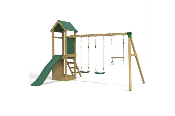 Little Rascals Wooden Climbing Frame & Triple Swing Set with 2 Swing Sets & Trapeze Bar.