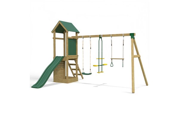 Little Rascals Wooden Climbing Frame & Triple Swing Set with Swing Seat, Glider & Trapeze Bar.