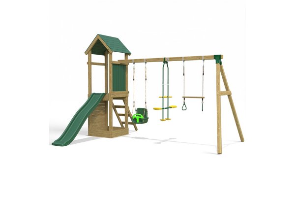 Little Rascals Wooden Climbing Frame & Triple Swing Set with 3 in 1 Baby Seat, Glider & Trapeze Bar.